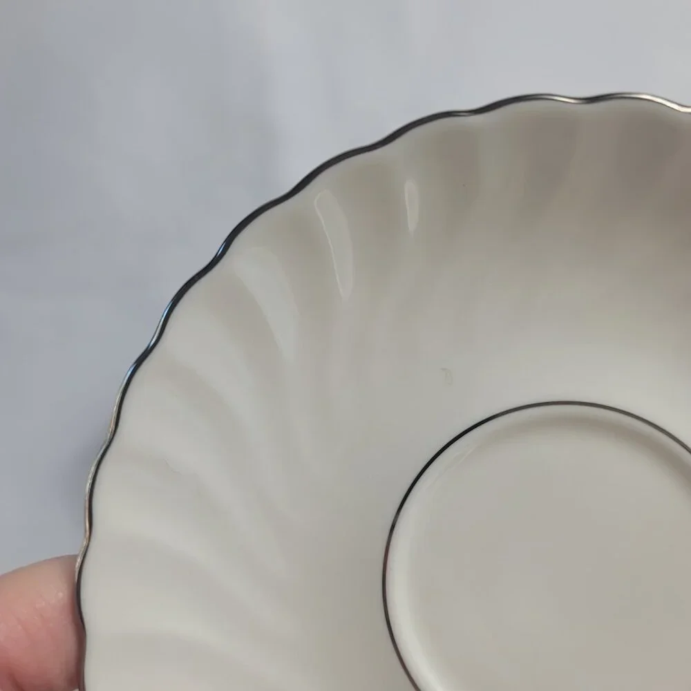 TWO Syracuse China Wedding Ring Cup & Saucer Sets White with Platinum Trim